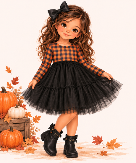 A stylized illustration of a young girl wearing a long-sleeve black and orange buffalo plaid top with a black tulle tutu skirt and black ankle boots. She is posed next to pumpkins and autumn leaves on a light cream background.
