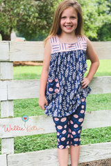 Pink Flowers w/ Leaves Capri Set by Wellie Kate