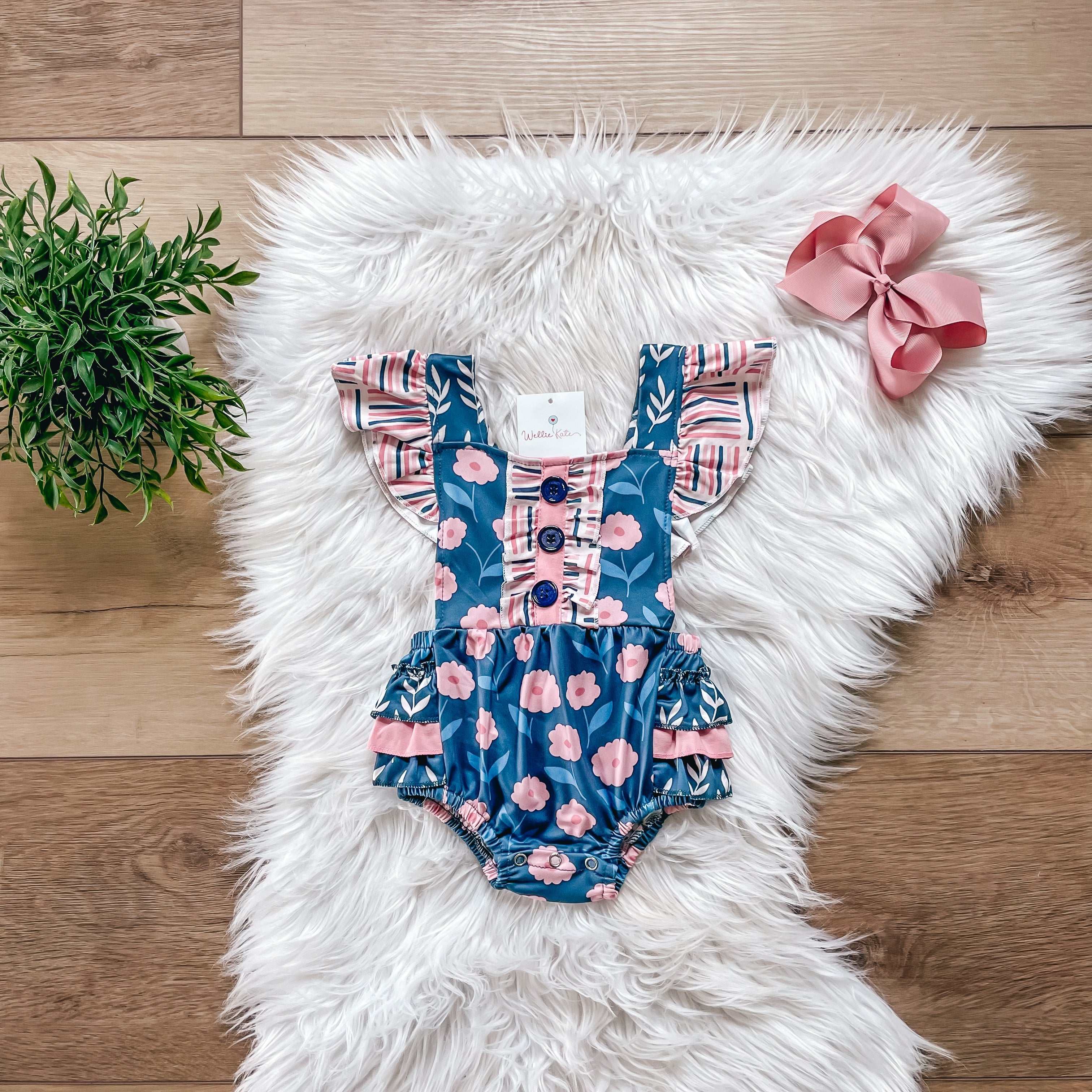 Pink Flowers w/ Leaves Baby Bubble Romper by Wellie Kate