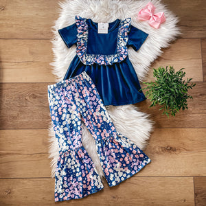 Pink & Navy Blooms Bell Pants Set by Wellie Kate