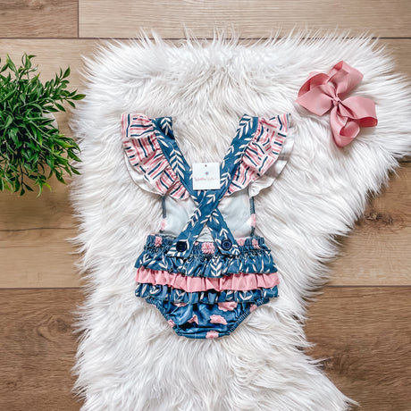 Pink Flowers w/ Leaves Baby Bubble Romper by Wellie Kate