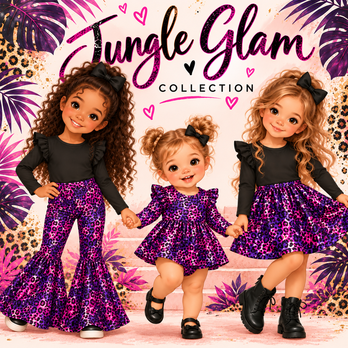 Three young girls modeling matching black long-sleeve tops and colorful patterned bottoms or dresses in a tropical-themed promotional graphic. The text 'Jungle Glam Collection' appears prominently at the top, with pink hearts and leaf motifs around the subjects.