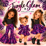 Three young girls modeling matching black long-sleeve tops and colorful patterned bottoms or dresses in a tropical-themed promotional graphic. The text 'Jungle Glam Collection' appears prominently at the top, with pink hearts and leaf motifs around the subjects.