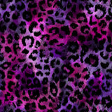 A close-up of a faux fur fabric with a vibrant purple and pink leopard print pattern, featuring black spots over a textured, shimmery background.