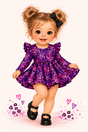 An illustrated baby character with blonde pigtails and a black bow, wearing a purple and pink leopard-print dress with black shoes, posed against a light cream background with small pink hearts and floral marks near the feet.