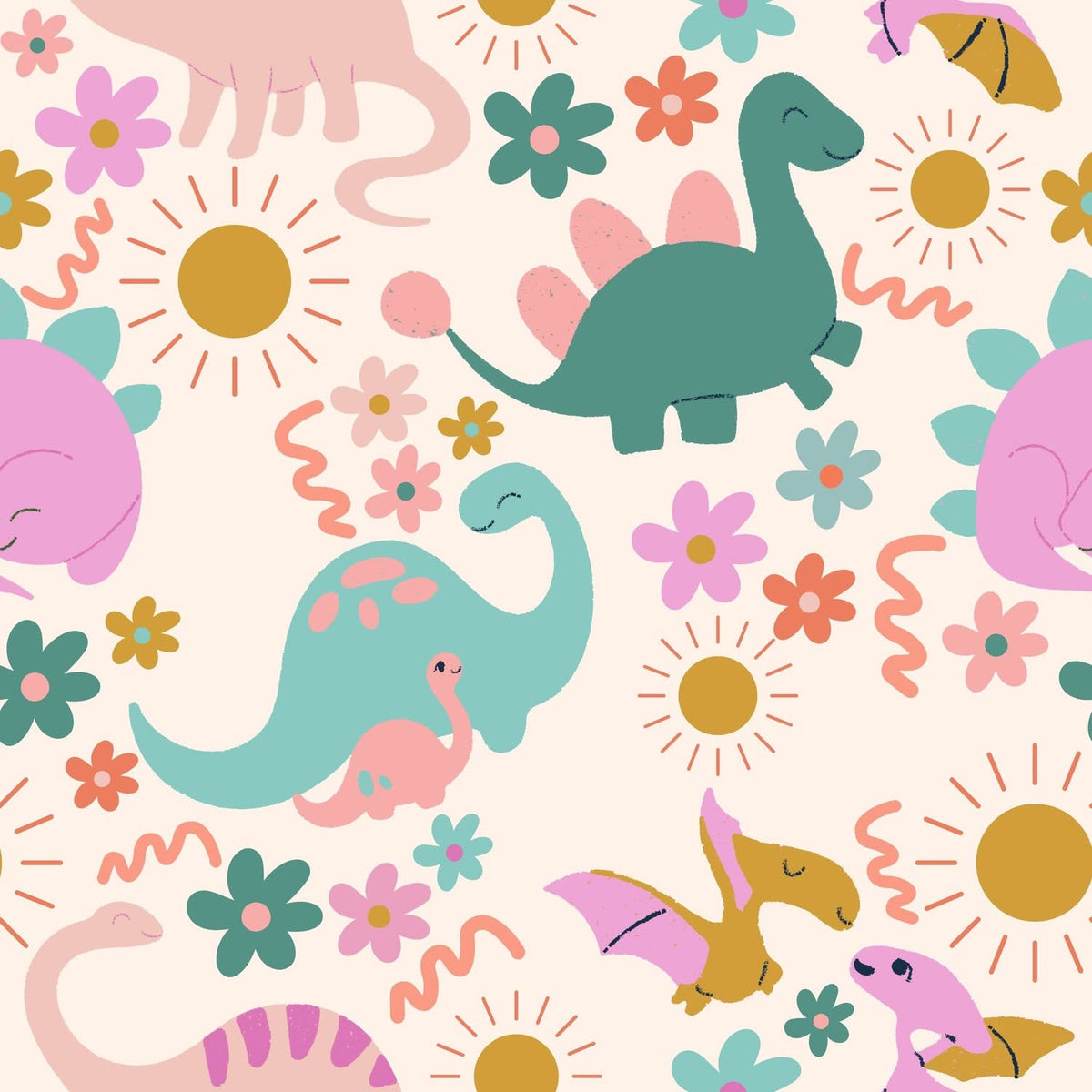A repeating seamless pattern featuring cute cartoon dinosaurs, flowers, and suns in pastel colors on a light cream background.