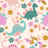 A repeating seamless pattern featuring cute cartoon dinosaurs, flowers, and suns in pastel colors on a light cream background.