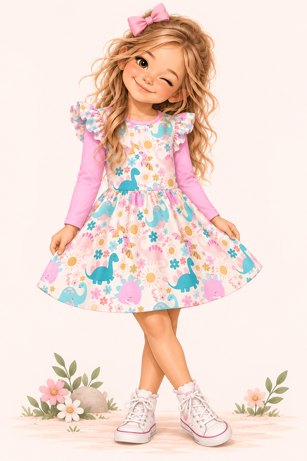 A storybook illustrated girl with long wavy blonde hair wearing a pink bow, a pink long-sleeve shirt, and a white dress with a colorful dinosaur and floral print. She is standing in a stylized studio setting with decorative flowers at her feet.