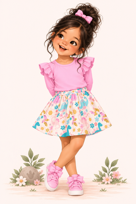 A storybook illustrated girl with dark curly hair in a high bun wearing a pink ruffle-sleeve top, a colorful floral skirt, and pink sneakers, standing against a light cream background with small decorative plants at her feet.