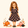 Storybook girl modeling a charcoal kitty Halloween dress with black Mary Janes and simple autumn accents.