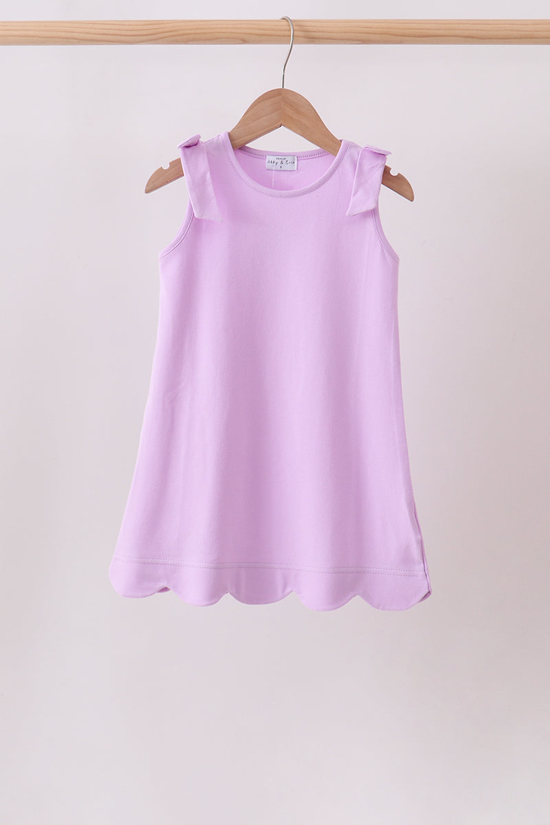 Lavender Scalloped Bow Dress for girls with shoulder bows and soft cotton fabric