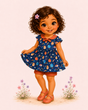 Storybook girl wearing a navy school print dress, rust bike shorts and matching rust Mary Jane shoes.
