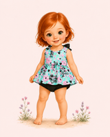 Illustrated toddler with red hair models a mint skirted bubble with pink flowers, black hearts, mouse silhouettes and bow.