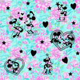 Aqua and pink floral print with black hearts, stars, and playful black-and-white mouse characters throughout.