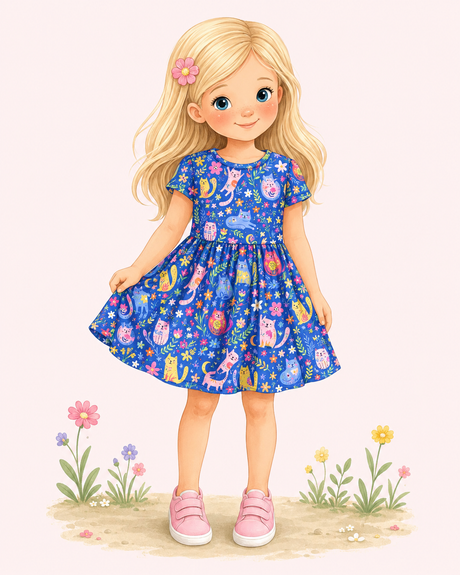 Illustrated blonde girl in a royal blue cat-and-flower print dress with pink sneakers on a blush floral background.