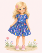 Illustrated blonde girl in a royal blue cat-and-flower print dress with pink sneakers on a blush floral background.