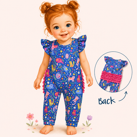 Illustrated red-haired toddler modeling a blue cat-print romper with flutter sleeves, pink side ruffles and barefoot storybook pose.