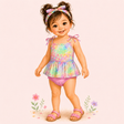 Illustrated toddler modeling a pastel floral baby bubble with tie shoulders, short skirted overlay, pink snap bottom and sandals.
