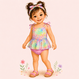 Illustrated toddler modeling a pastel floral baby bubble with tie shoulders, short skirted overlay, pink snap bottom and sandals.