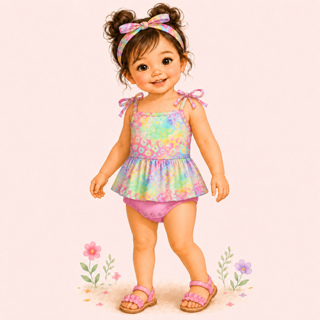 Illustrated toddler modeling a pastel floral baby bubble with tie shoulders, short skirted overlay, pink snap bottom and sandals.