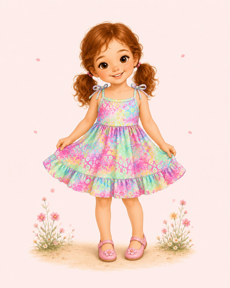 Illustrated red-haired girl in a bright pastel leopard-print tie-strap dress with pink shoes.