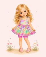 Illustrated blonde girl with flower clip in a pastel leopard tie-strap top, pink shorts and shoes on a blush background.