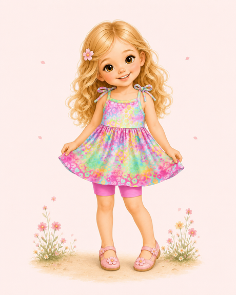 Illustrated blonde girl with flower clip in a pastel leopard tie-strap top, pink shorts and shoes on a blush background.