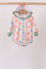 Pastel check hooded baby bubble with daisies, sage cuffs and ruffled hood trim.