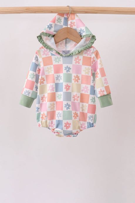 Pastel check hooded baby bubble with daisies, sage cuffs and ruffled hood trim.