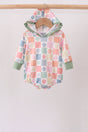 Pastel check hooded baby bubble with daisies, sage cuffs and ruffled hood trim.