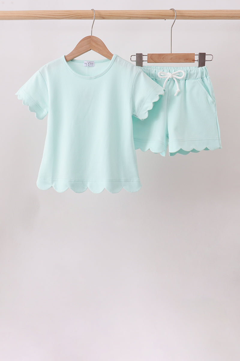 Pastel Mint Scalloped Shorts Set for girls with matching short sleeve top and drawstring shorts