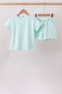 Pastel Mint Scalloped Shorts Set for girls with matching short sleeve top and drawstring shorts