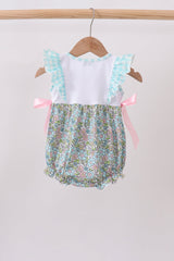 Back of the Peep + Petals baby bubble with aqua gingham ruffle straps, pastel floral bubble bottom, and pink side tie bows.