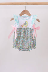 Baby bubble romper with chick appliqué, aqua gingham ruffles, pink side bows, and pastel floral bubble bottoms.