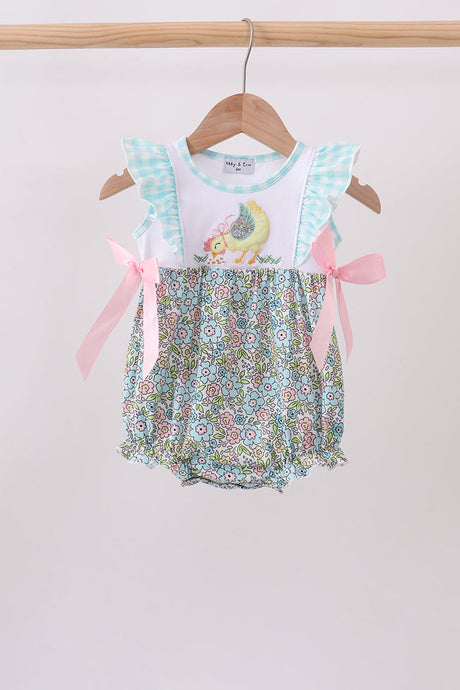 Baby bubble romper with chick appliqué, aqua gingham ruffles, pink side bows, and pastel floral bubble bottoms.