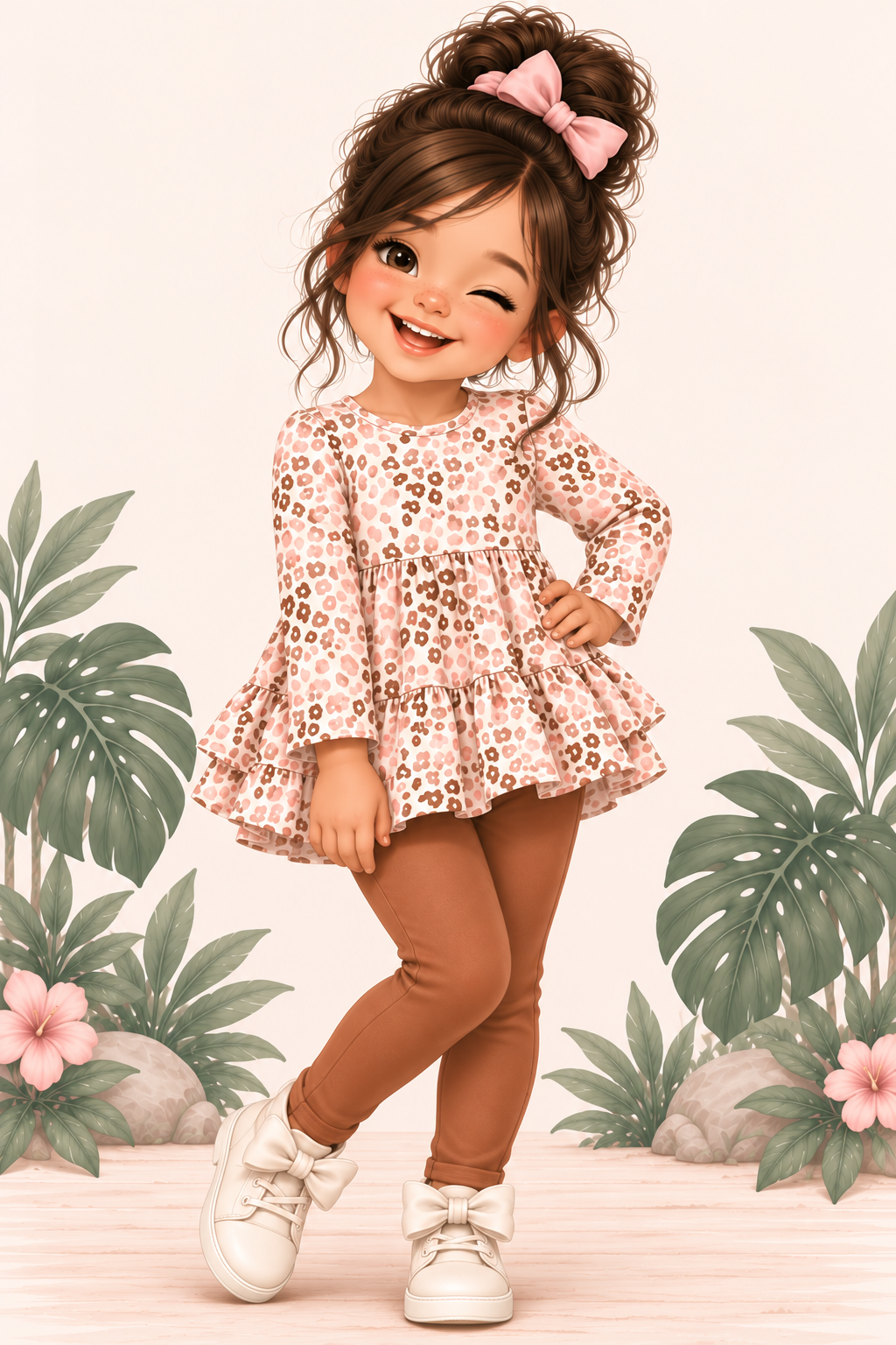 A stylized illustration of a young girl with brown hair in a pink bow, wearing a pink and beige patterned long-sleeve top, brown leggings, and white sneakers, posed against a tropical leaf backdrop.