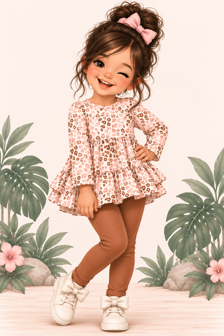 A stylized illustration of a young girl with brown hair in a pink bow, wearing a pink and beige patterned long-sleeve top, brown leggings, and white sneakers, posed against a tropical leaf backdrop.