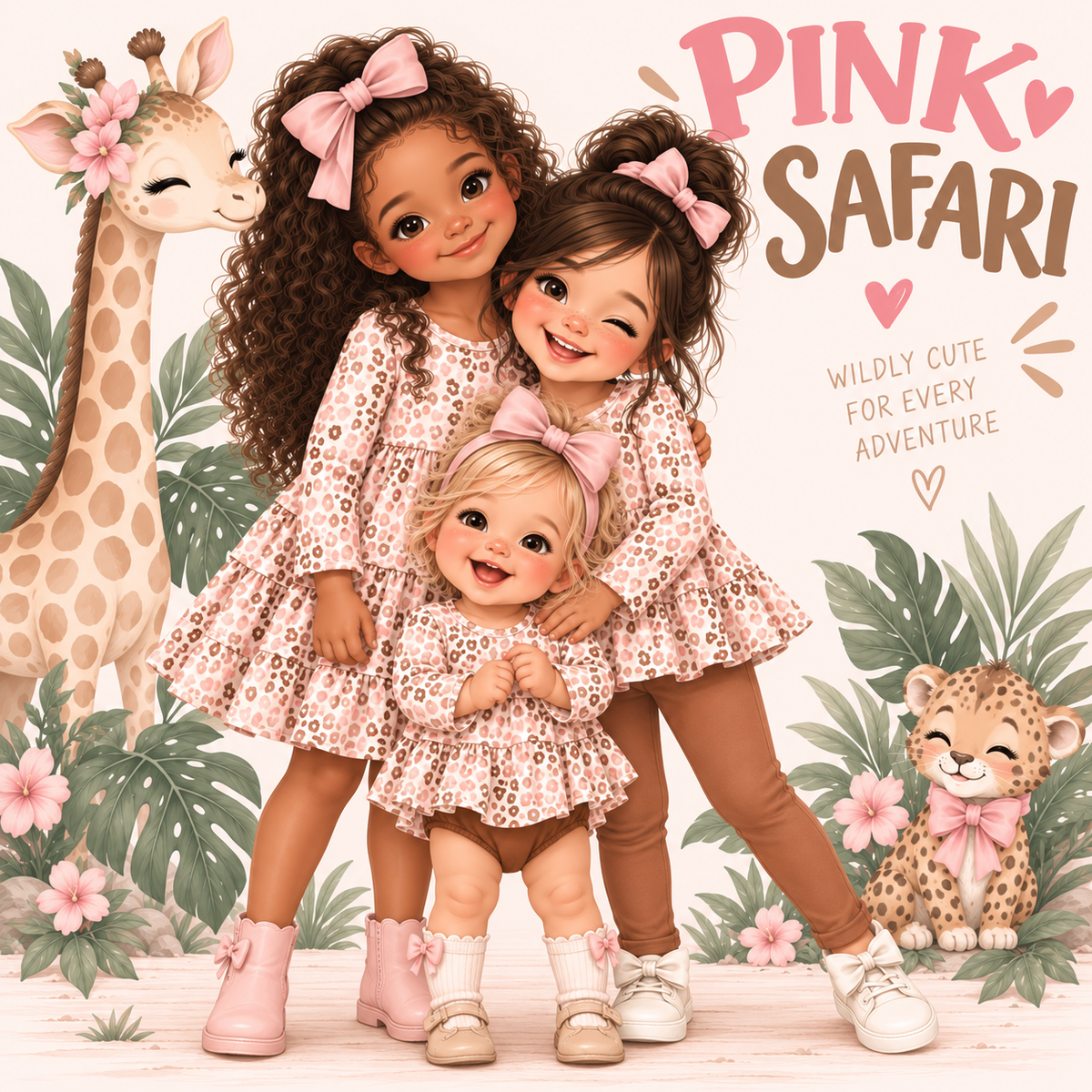 A whimsical illustrated scene of three children hugging in front of a giraffe and a cheetah, with tropical leaves and the text 'PINK SAFARI' and 'WILDLY CUTE FOR EVERY ADVENTURE.' The children wear matching pink patterned dresses and pink bows, and the overall image is highly stylized and decorative.