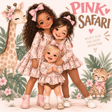 A whimsical illustrated scene of three children hugging in front of a giraffe and a cheetah, with tropical leaves and the text 'PINK SAFARI' and 'WILDLY CUTE FOR EVERY ADVENTURE.' The children wear matching pink patterned dresses and pink bows, and the overall image is highly stylized and decorative.