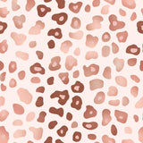A seamless leopard print pattern featuring organic, irregular spots in shades of dusty rose, mauve, and dark brown on a pale blush pink background.