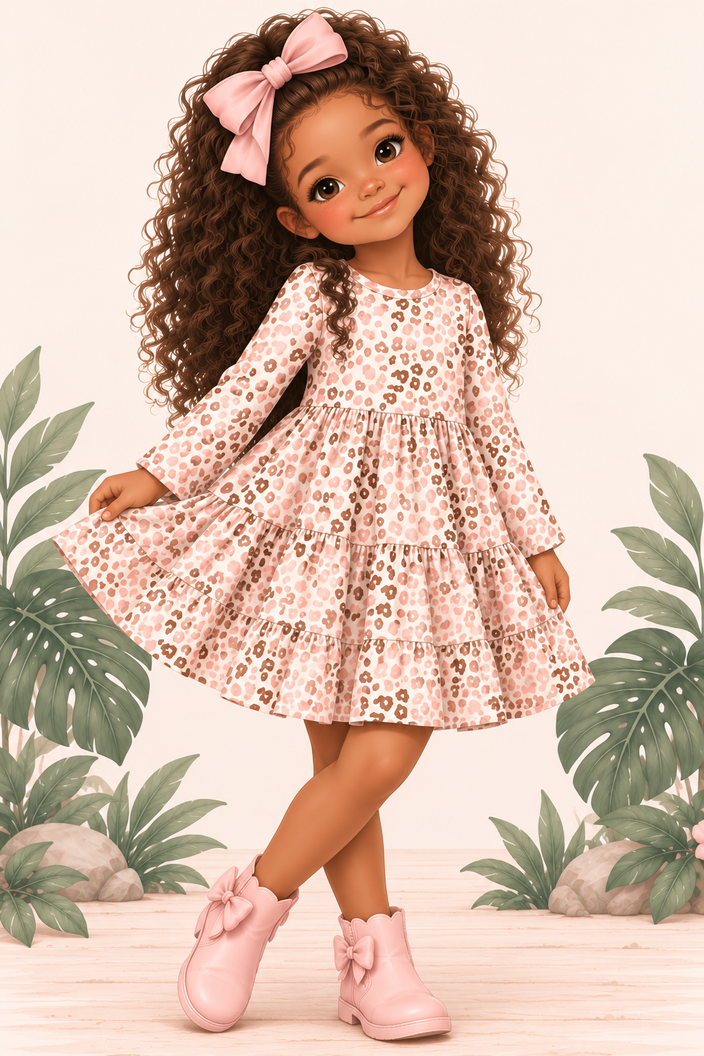 An illustrated girl with long curly brown hair wearing a pink tiered dress with a brown leopard print, a pink bow in her hair, and pink boots, posed against a tropical leaf backdrop.