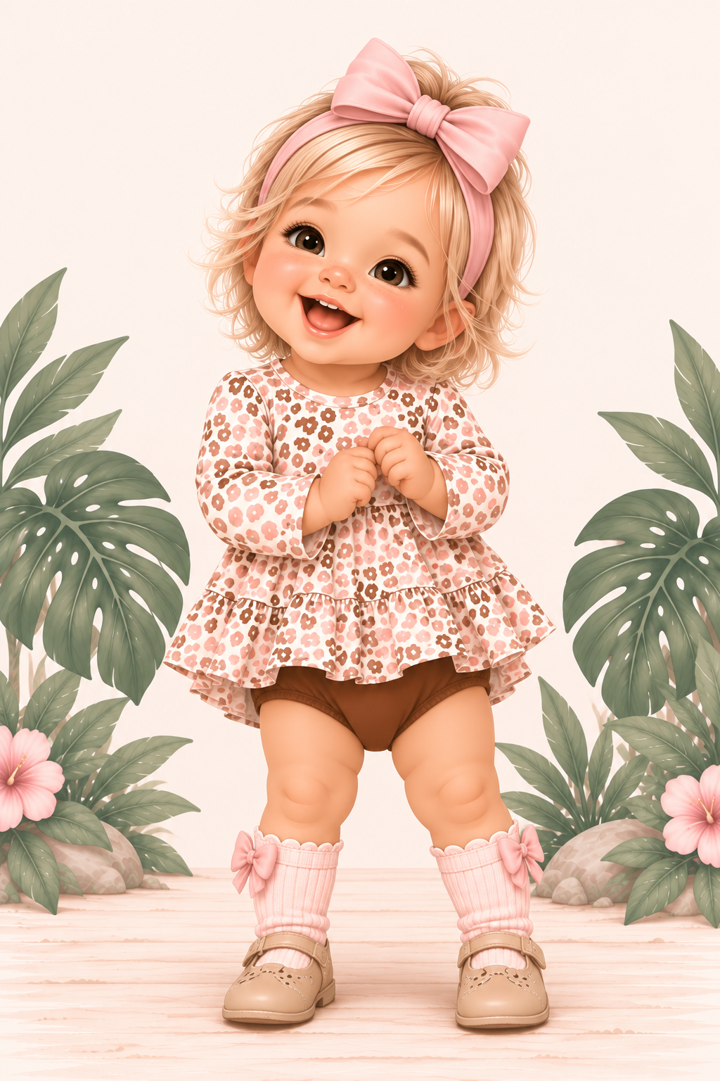 An illustrated baby dressed in a pink and brown patterned long-sleeve top, brown diaper cover, pink bow headband, pink socks, and beige shoes, standing in front of a cream background with tropical leaves and flowers.