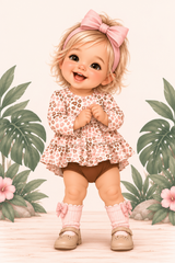 An illustrated baby dressed in a pink and brown patterned long-sleeve top, brown diaper cover, pink bow headband, pink socks, and beige shoes, standing in front of a cream background with tropical leaves and flowers.
