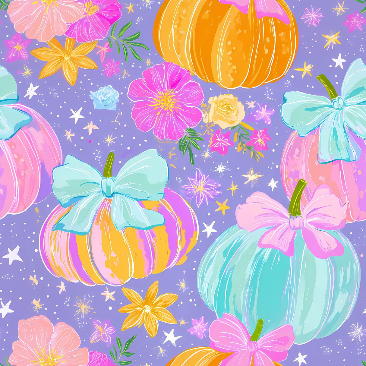 Close-up of pastel pumpkin print with bows, flowers and tiny stars on a lavender background.