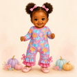 Storybook baby modeling a pastel pumpkin romper with pink bow ruffles in a soft autumn scene.
