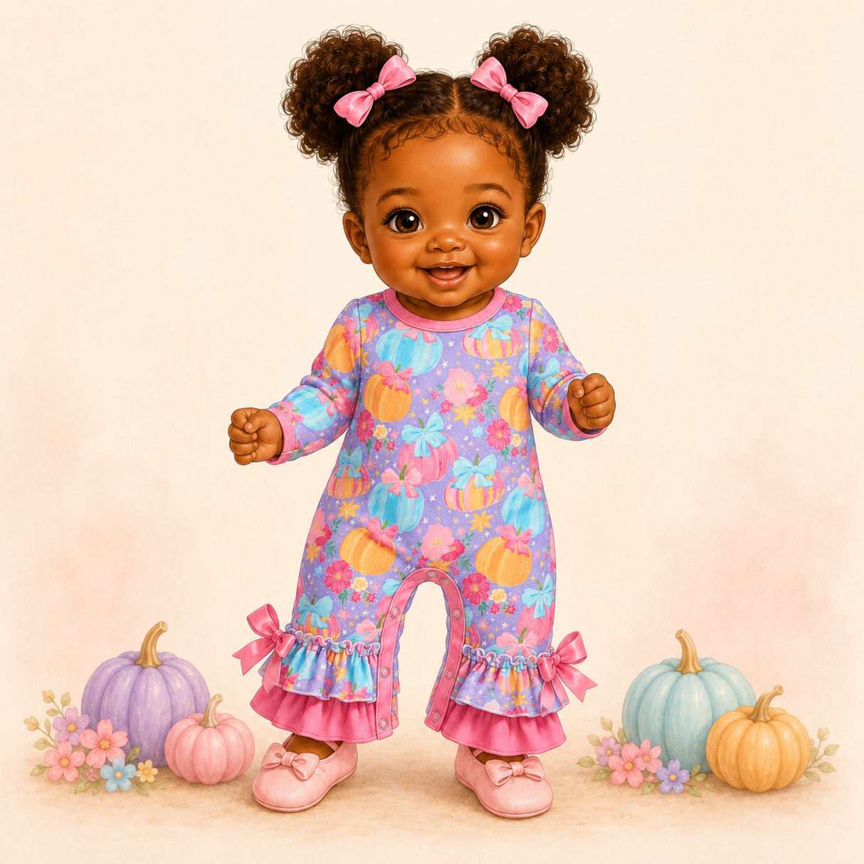 Storybook baby modeling a pastel pumpkin romper with pink bow ruffles in a soft autumn scene.
