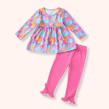 Lavender pastel pumpkin tunic with coordinating bright pink ruffle leggings.