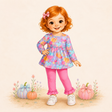 Storybook girl modeling a pastel pumpkin tunic and bright pink leggings in a soft autumn scene.