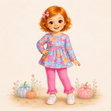 Storybook girl modeling a pastel pumpkin tunic and bright pink leggings in a soft autumn scene.