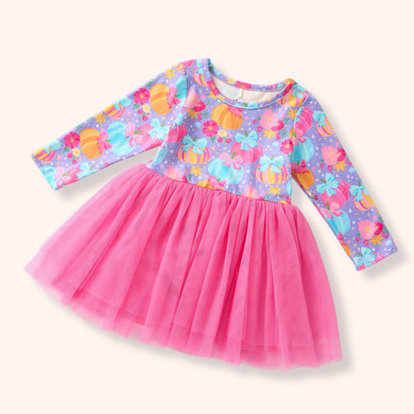 Lavender long sleeve dress with pastel pumpkin print and bright pink tulle skirt.